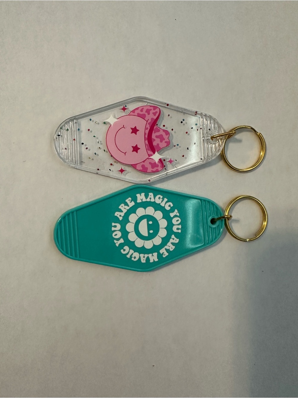 Cute Pink Moon & Teal Flower Keychain Duo